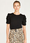 Round Neck Ruched Sleeve Top, Black, large