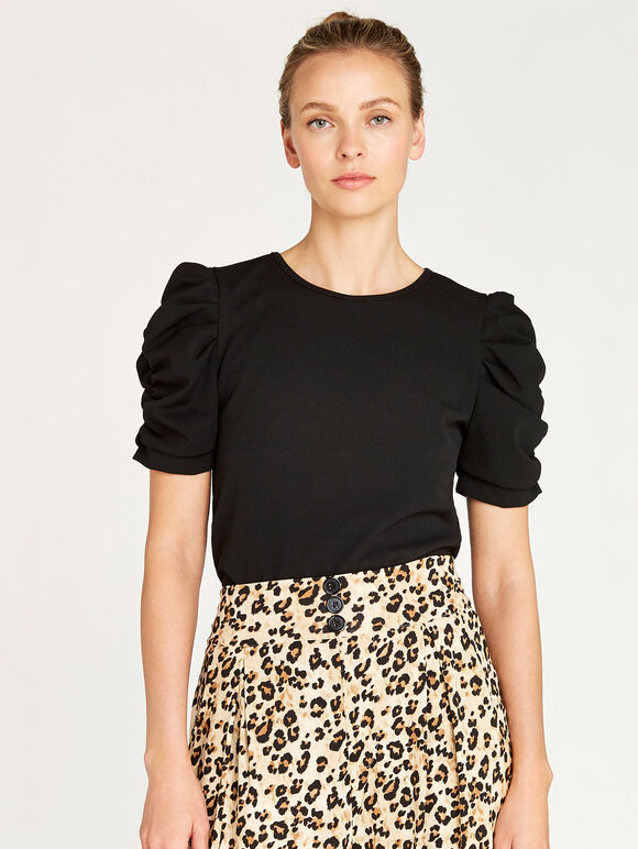 Round Neck Ruched Sleeve Top, Black, large