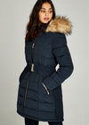 Longline Faux Fur Hood Puffer Jacket, Navy, large