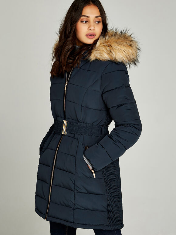 Longline Faux Fur Hood Puffer Jacket, Navy, large