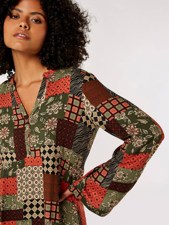 Geometric Patchwork Top, Khaki, large