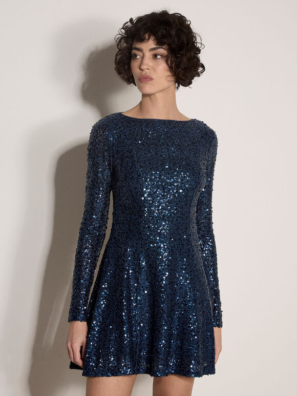 Sequin Embellished Skater Mini Dress, Teal, large