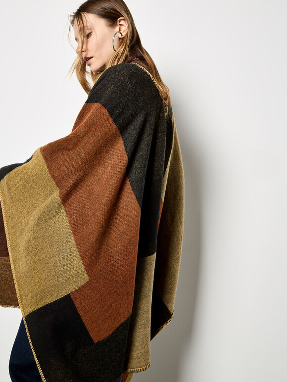 Colour Block Blanket Cape, Brown, large