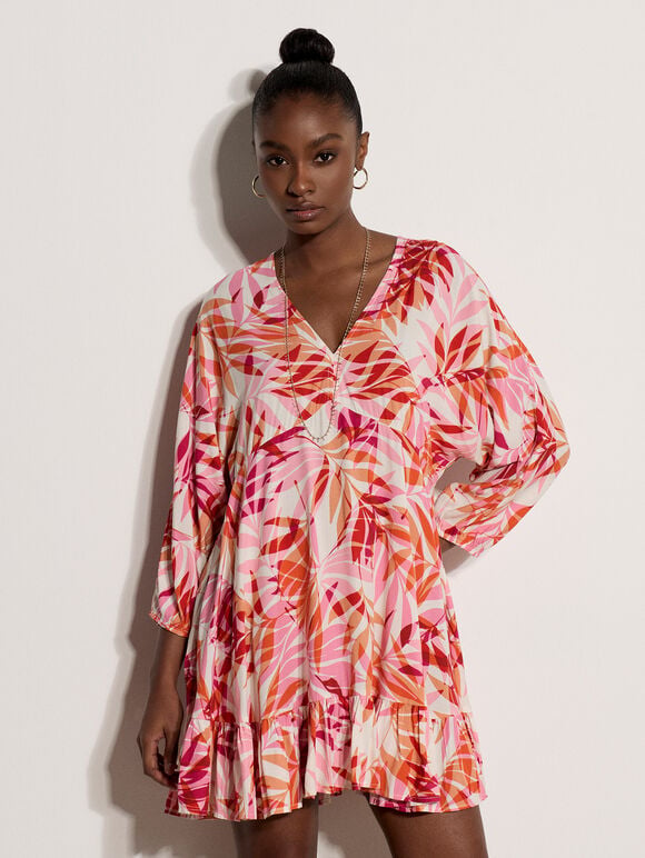 Tropical Leaf Mini Dress, Pink, large