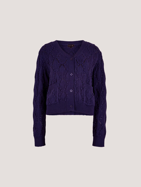 Pointelle Knitted Cardigan, Navy, large