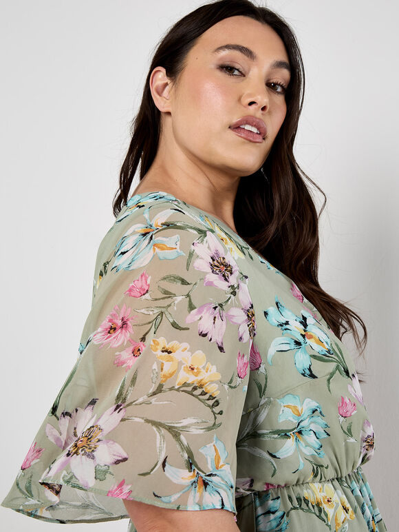 Curve Floral Wrap Midi Dress, Mint, large