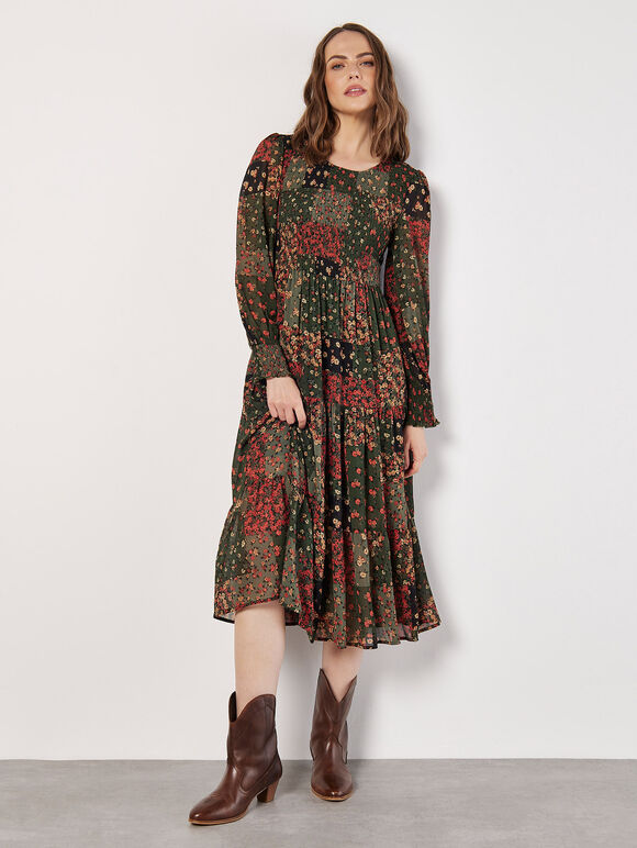 Patchwork Chiffon Midi Dress, Green, large