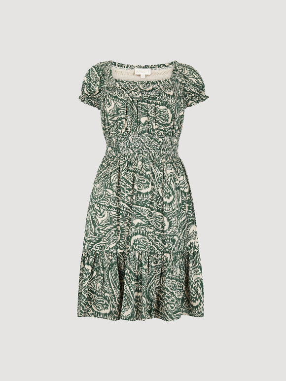 Paisley Milkmaid Mini Dress, Green, large