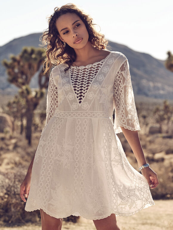 Embroidered Dress, Cream, large