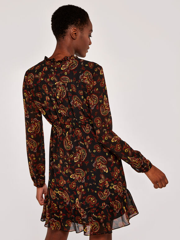 Paisley Long Sleeve Ruffle Dress, Black, large