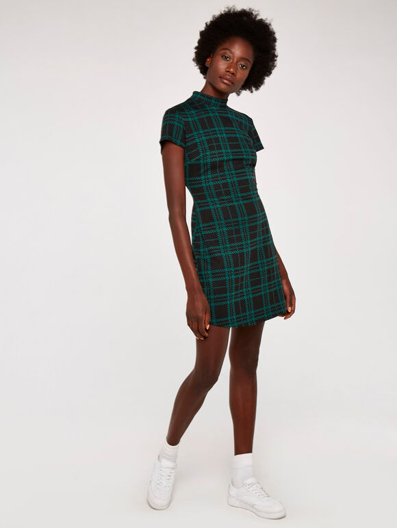 Plaid Knit Jacquard Dress, Black, large