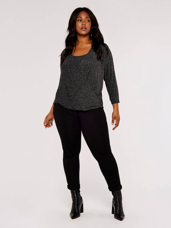 Curve Sparkle Wrap Top, Black, large