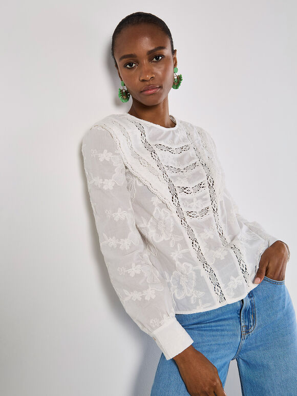 Cotton Embroidered Ruffle Shirt, White, large