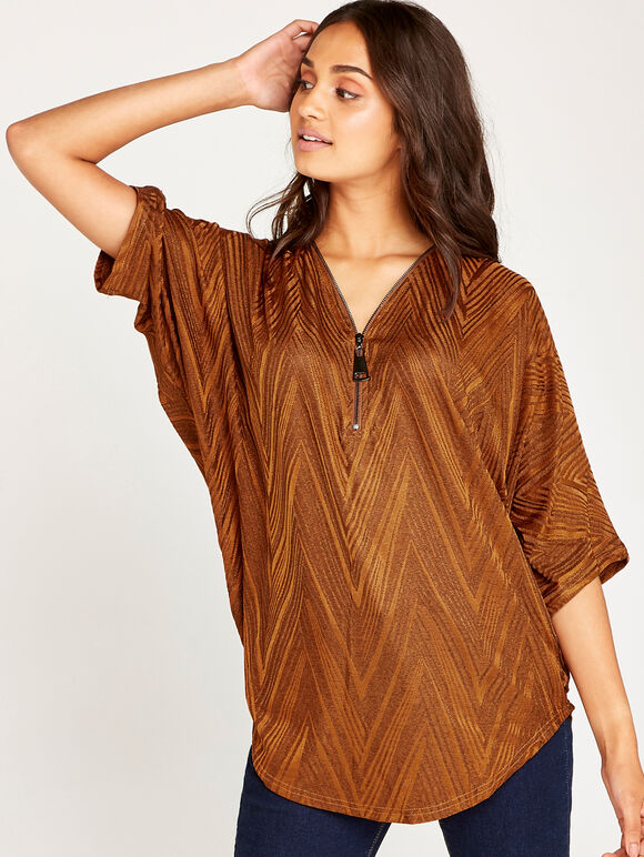 Chevron Jaquard Big Zipper Top, Rust, large