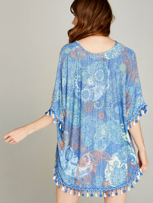 Blue Paisley Psychedelic Tassel Top, Blue, large