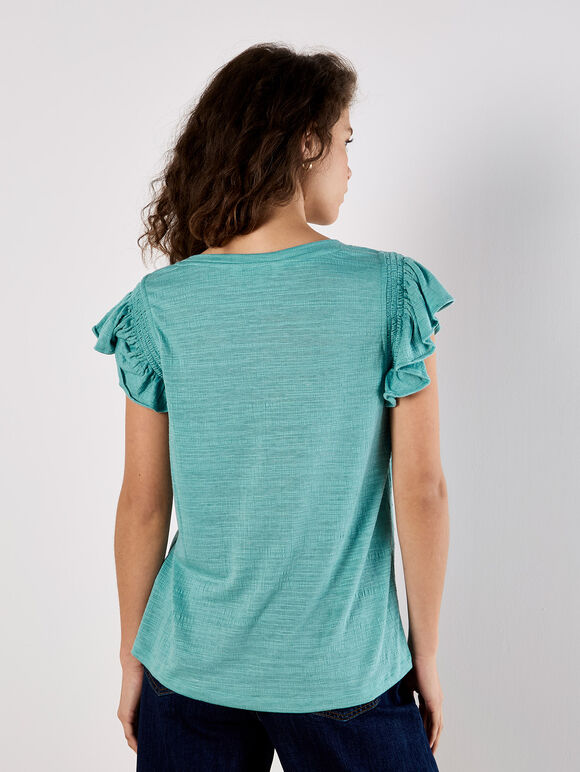 Soft Slub Ruffle Sleeve T-Shirt, Blue, large