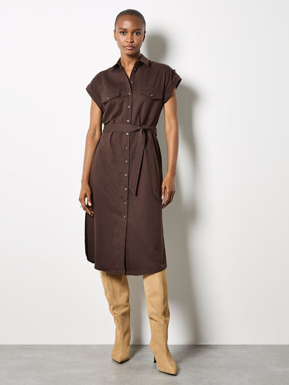 Cotton Slub Midi Shirt Dress, Brown, large