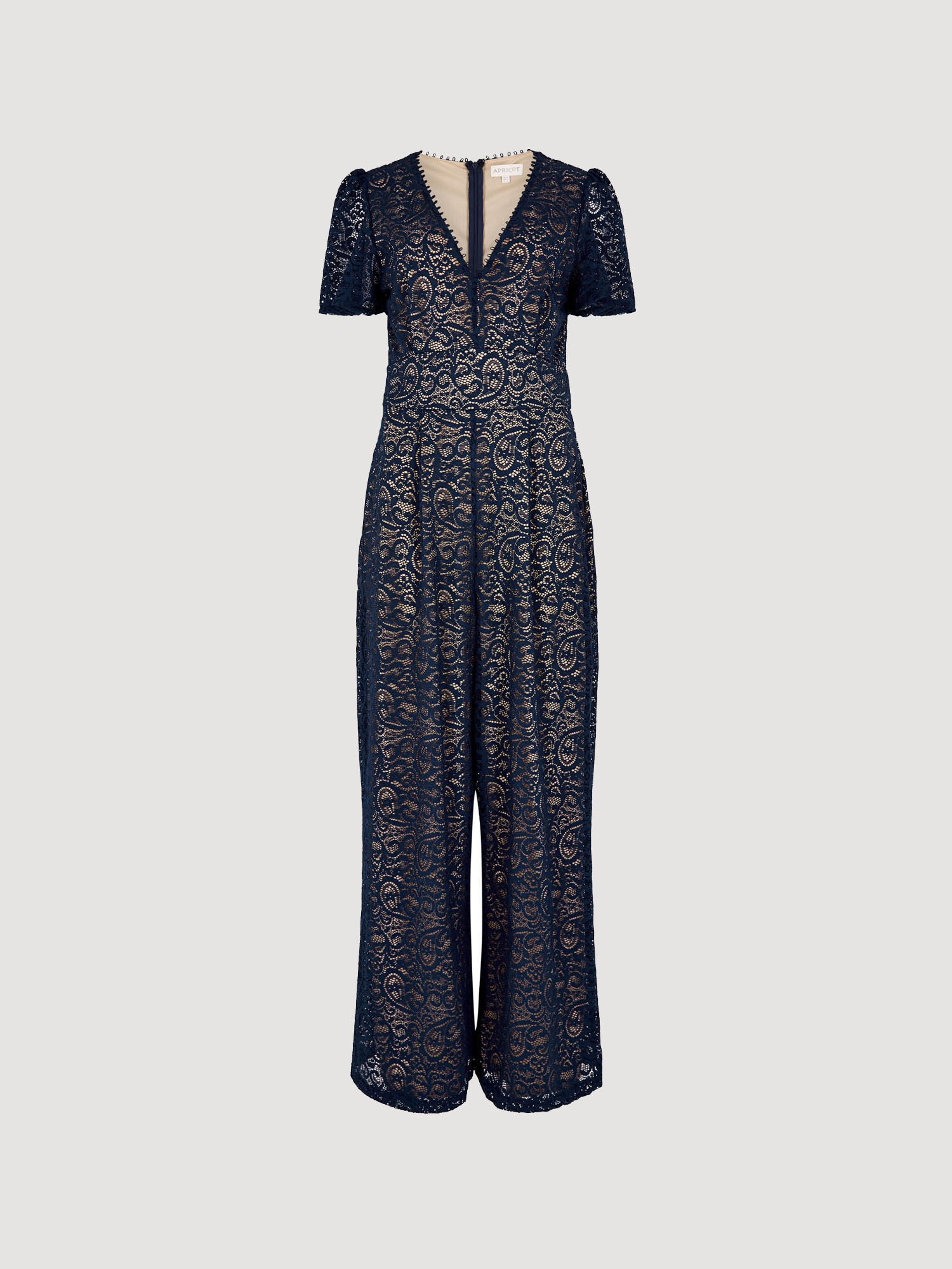 Lined Ornate Lace Jumpsuit Apricot Clothing