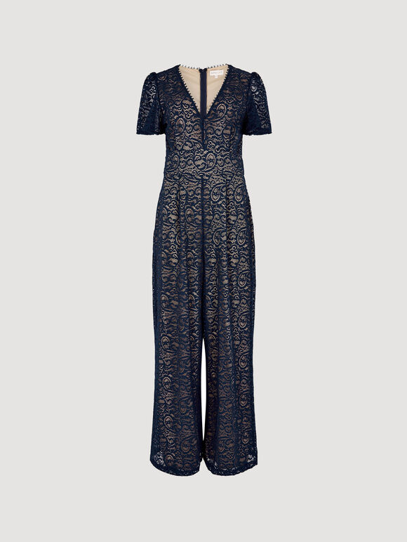 Lined Ornate Lace Jumpsuit, Navy, large
