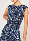 Feather Leaf Print Tie Front Dress, Navy, large