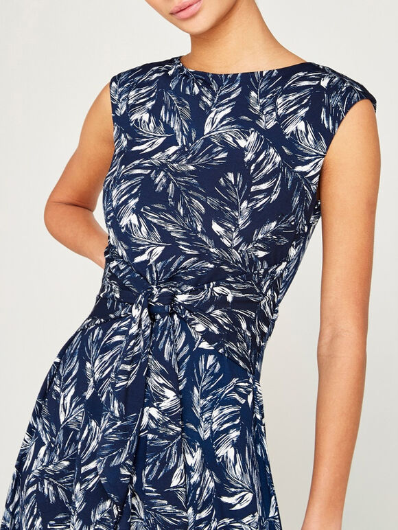 Feather Leaf Print Tie Front Dress, Navy, large