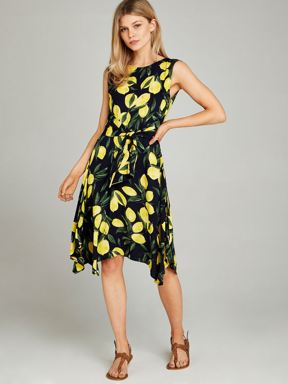 Navy Lemon Print Knot Front Dress, Navy, large