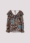 Patchwork Floral Shimmer Ruffle Blouse, Teal, large