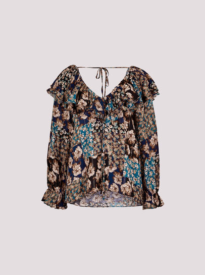 Patchwork Floral Shimmer Ruffle Blouse