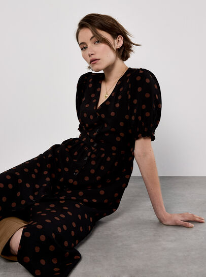 Polka Dot Button-Down Midi Dress