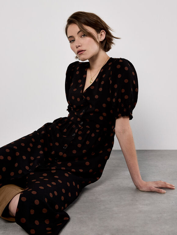 Polka Dot Button-Down Midi Dress, Black, large