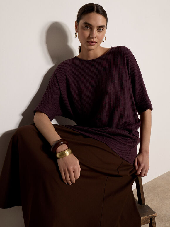 Soft-Touch Batwing Waffle Knit Top, Purple, large
