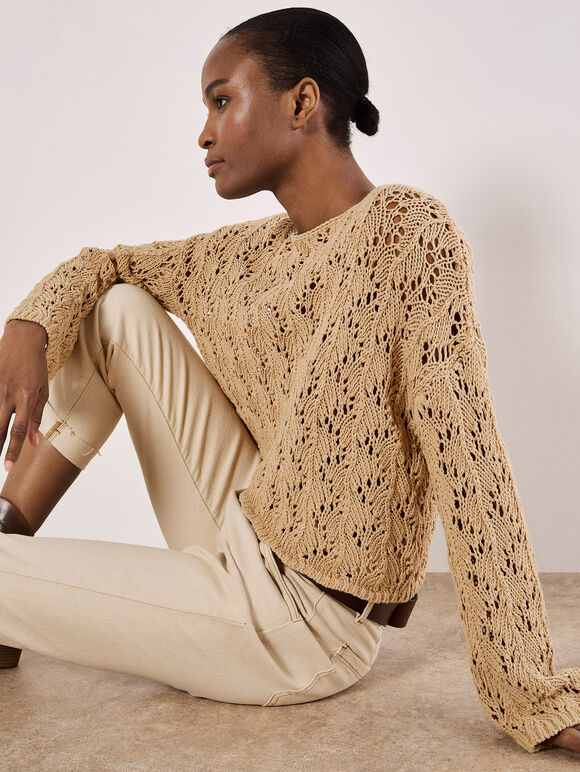 Pointelle Scallop Hem Jumper, Stone, large