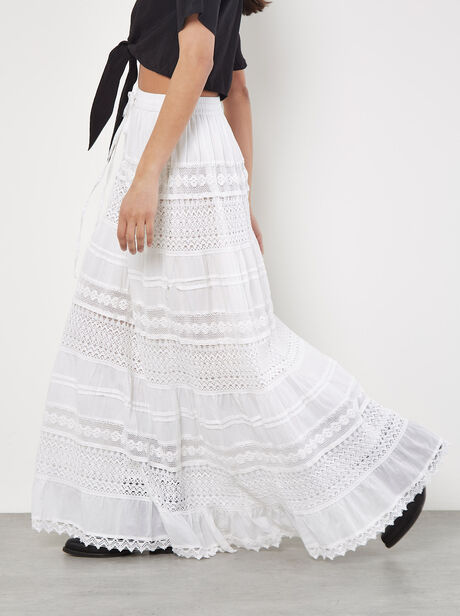 Cotton Crochet Lace Tiered Maxi Skirt