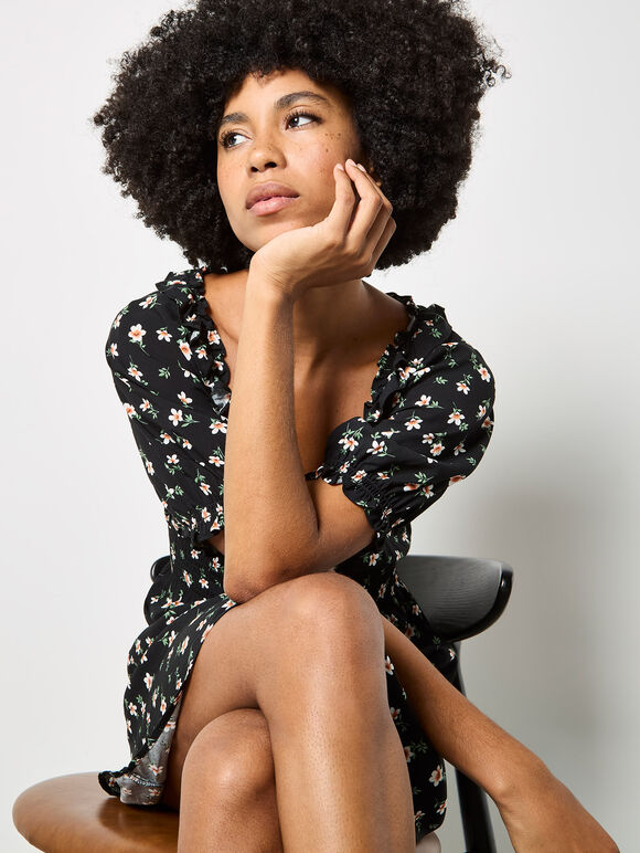 Floral Ruffle Milkmaid Mini Dress, Black, large