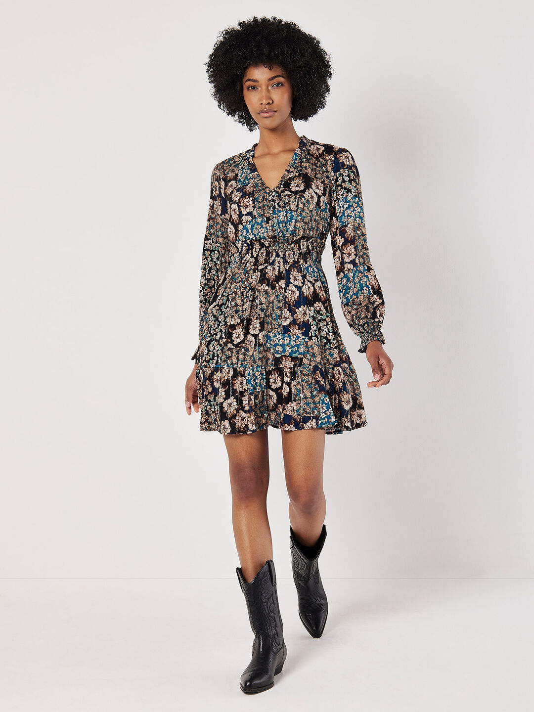 Image of Patchwork Floral Shimmer Mini Dress