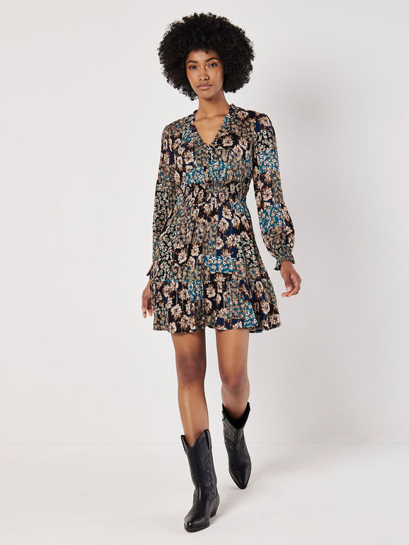 Patchwork Floral Shimmer Mini Dress, Teal, large