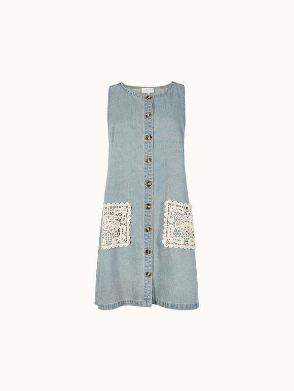 Denim Shift Crochet Pocket Mini Dress, Blue, large