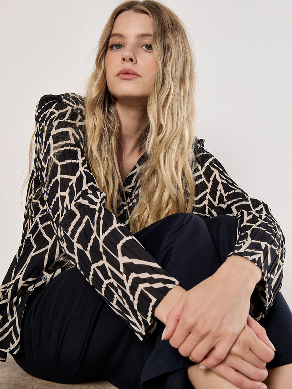 Geo Print Sheer Plisse Shirt, Black, large