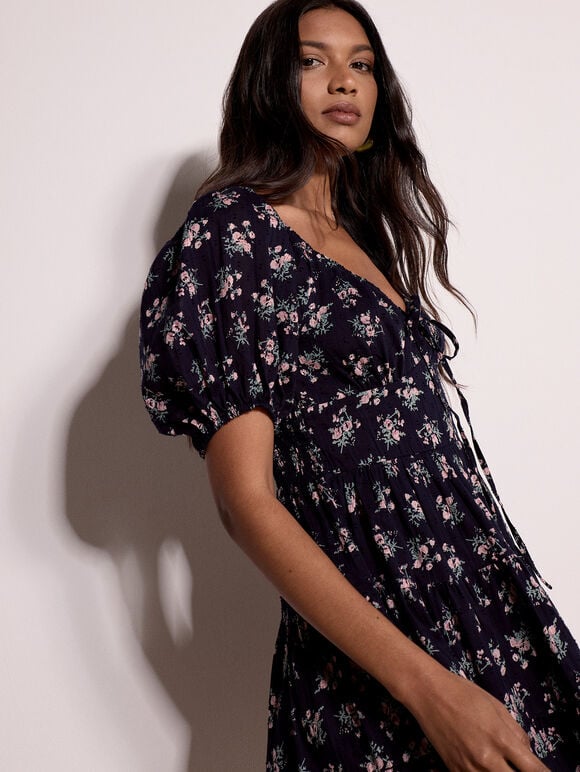 Cotton Dobby Floral Mini Dress, Navy, large
