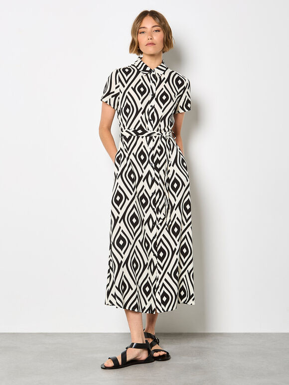 Geometric Print Shirt Midi-dress, Black, large