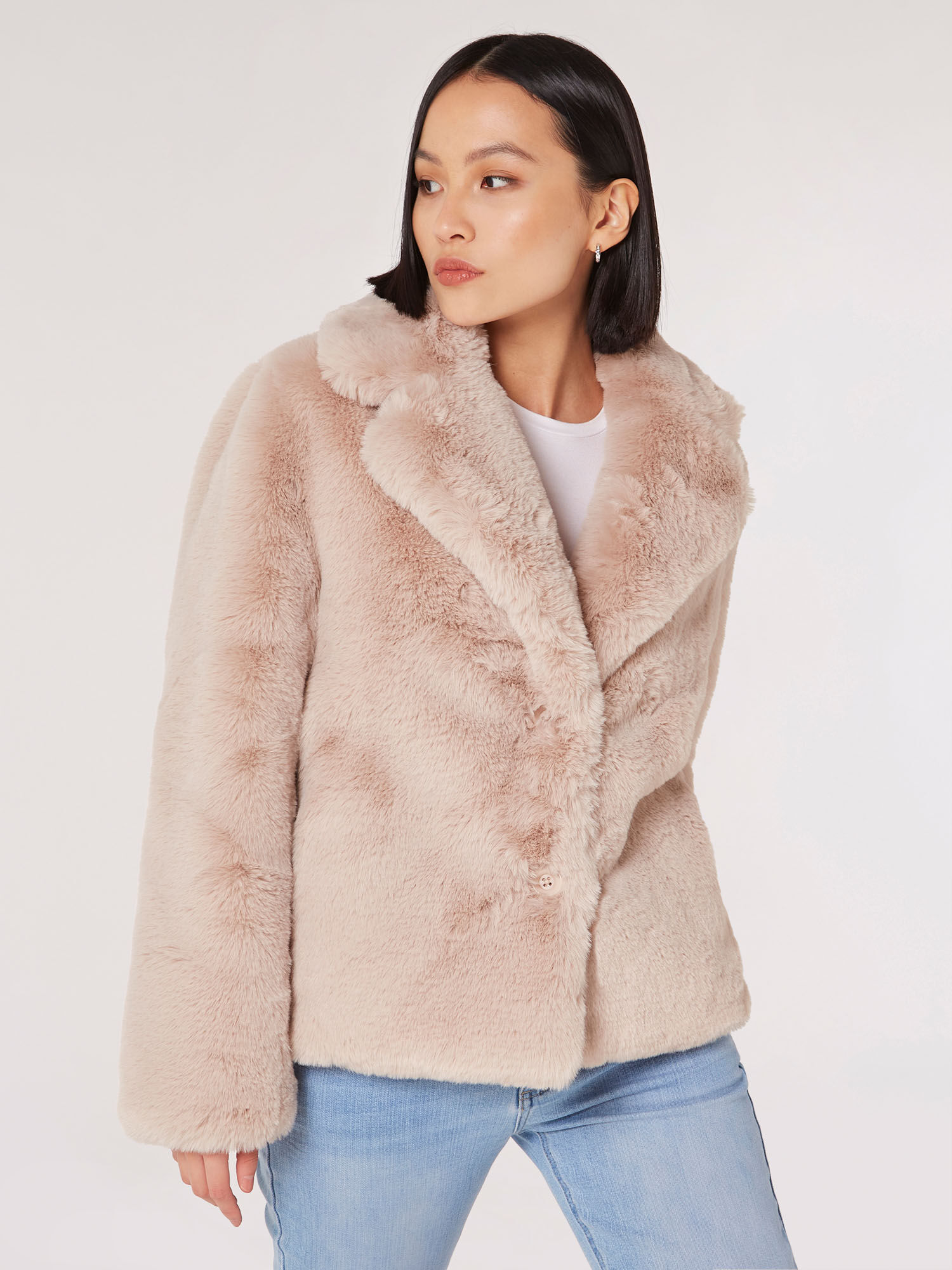 Pale pink faux fur coat top