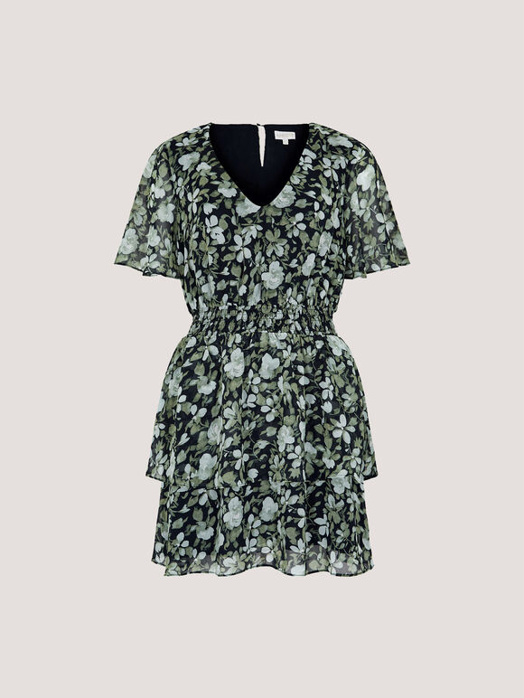 Watercolour Rose Tiered Mini Dress, Navy, large