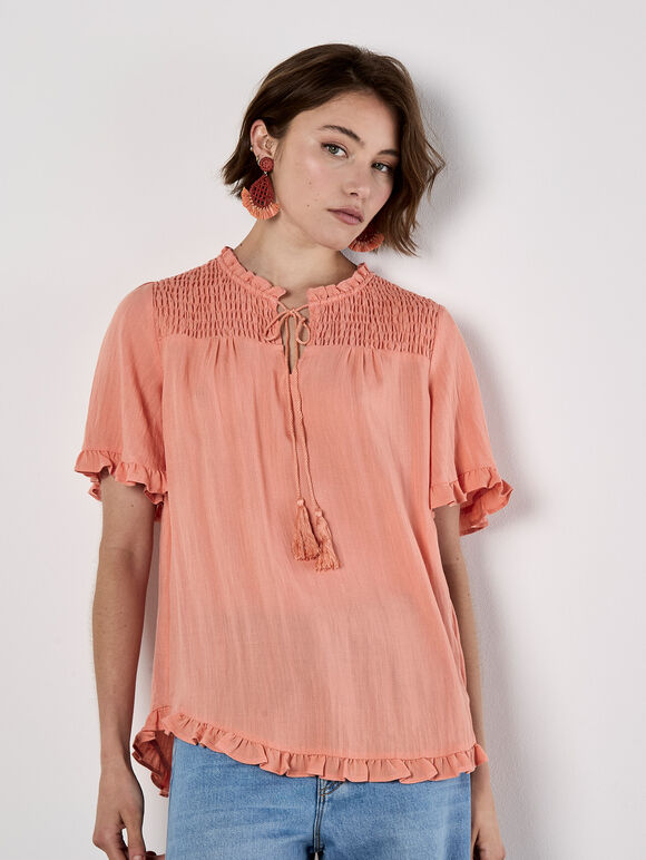 Smocked Ruffle Top, Coral, large