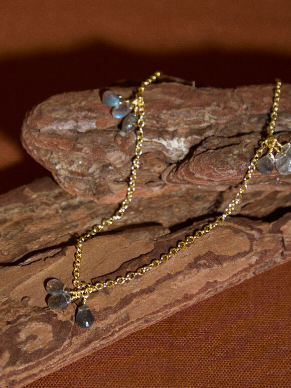 Gold Tone Beaded Stone Necklace, Gold, large