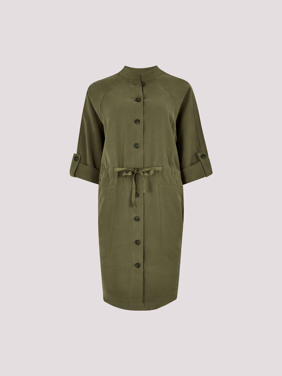 Drawstring Shirt Mini Dress, Khaki, large