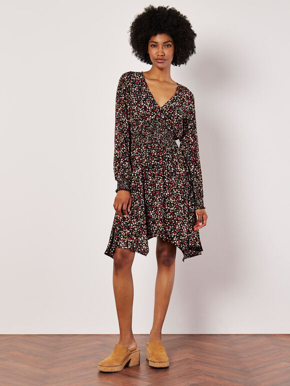 Ditsy Floral Smocked Mini Dress, Black, large