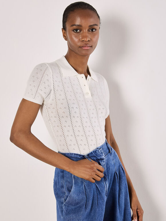 Pointelle Knit Polo T-Shirt, Cream, large
