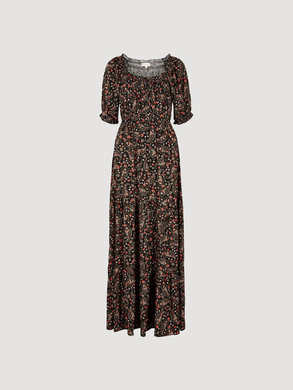 Floral Paisley Milkmaid Maxi Dress, Black, large