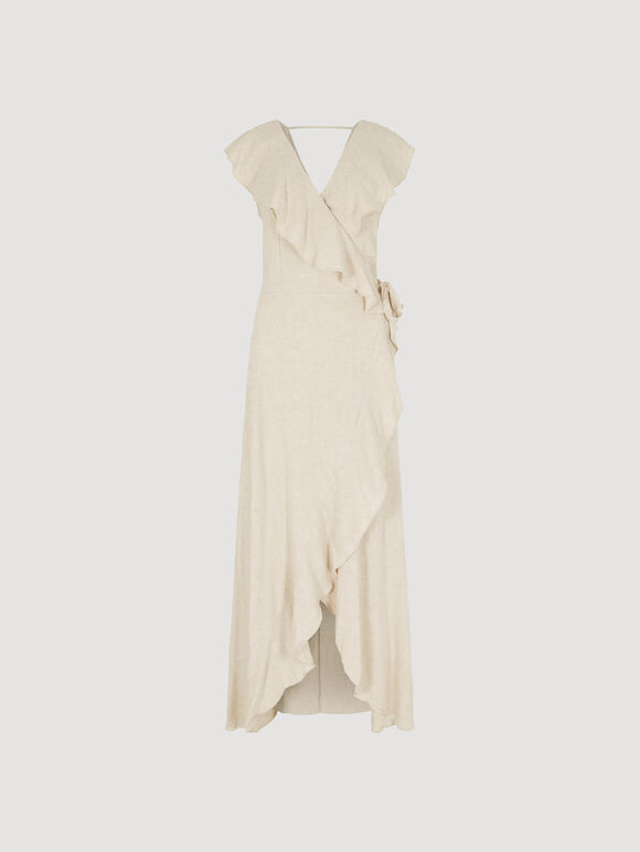 Ruffle Wrap Linen Blend Midi Dress, Cream, large