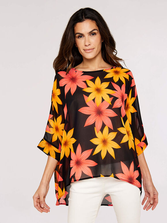 Bold Flower Oversize Top, Black, large